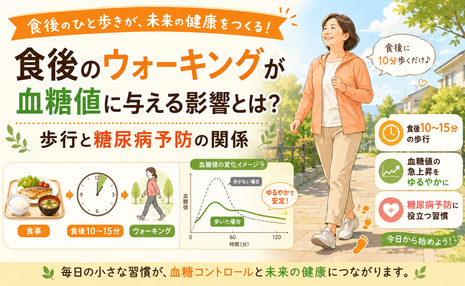 食後のウォーキングが血糖値に与える影響とは？歩行と糖尿病予防の関係